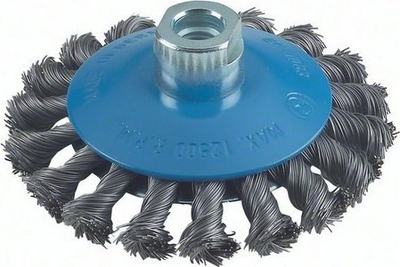 Furçë rrotulluese Bosch me tela çeliku 0.5mm, konike, 115mm, filetë M14
