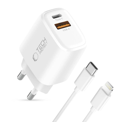 Karikues muri Tech-Protect NCA20, 20W PD QC3.0, me 2 porta USB-A edhe USB-C, i bardhë