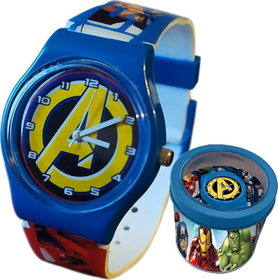 Orë analoge për kalamaj Marvel Avengers, me rrip PVC, me kuti metalike, blu