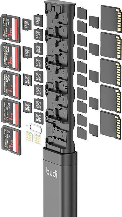 Organizues kartash memorie Budi Alloy, për MicroSD, SD, Nano SIM, alumini, gri