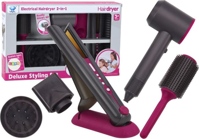 Set parukerie për fëmijë LEAN Toys 19542, tharëse dhe drejtues flokësh, efekt drite dhe zëri, rozë
