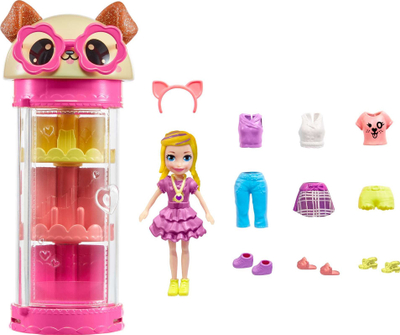 Set lojrash Polly Pocket Style Spinner Fashion Closet, kukull bionde 7.5cm, dollap rrotullues, rozë