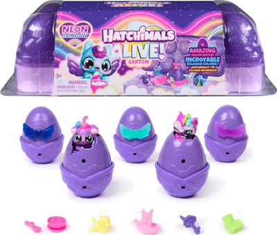 Set lodrash Hatchimals Alive Neon Rainbow Egg Carton, 5 veza color reveal, 11 aksesore, shume ngjyra