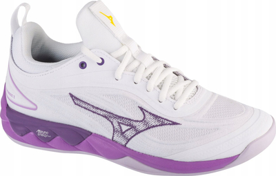 Këpucë salle Mizuno Wave Luminous 4 V1GC2420, amortizim Mizuno Enerzy, shollë që s’rrëshqet, të bardha me vjollcë