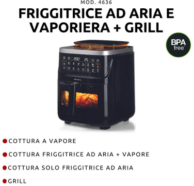 Fritezë ajri Ariete Steam Air Fryer Grill 4636, 7L, 1700W, kontroll me prekje, gri