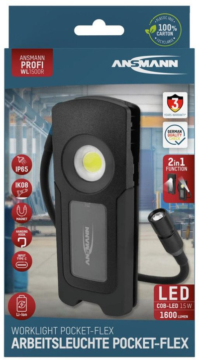 Dritë pune Ansmann COB LED SPOT, 1600 lumen, me karikim me USB, IP65, e zezë