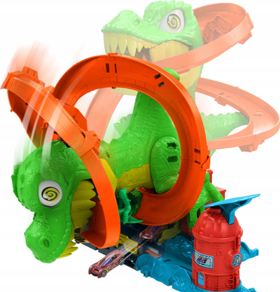 Set loje Hot Wheels City T-Rex Blaze Battle, pistë me dinosaurus, makinë 1:64, shumëngjyrëshe