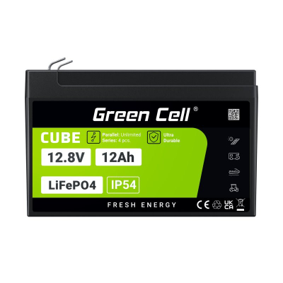 Bateri LiFePO4 Green Cell 12Ah, 12.8V, me BMS, gri