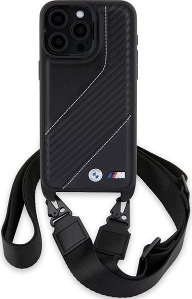 Çorape telefoni BMW M Edition Carbon Stripe, për iPhone 15 Pro, me rrip, e zezë