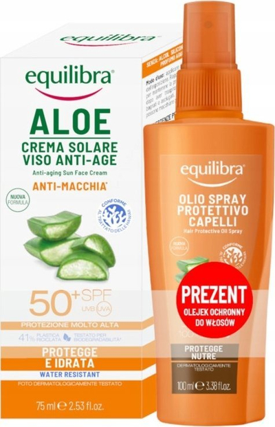 Set për diell Equilibra Aloe, krem për fytyrën SPF 50+, vaj flokësh me spruco