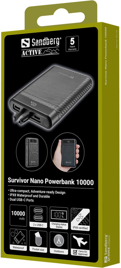 Powerbank Sandberg Survivor Nano, 10000 mAh, 20W PD, 2x USB-C, i zi