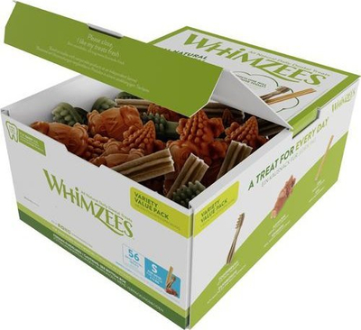 Shpërblime për dhëmbët e qenit Whimzees Variety Value Box Small, 56 copë, vegjetariane, shumëngjyrëshe
