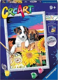 Set pikturimi Ravensburger CreArt D Series Puppies with Sunflowers, pikturim me numra, për fëmijë 7+