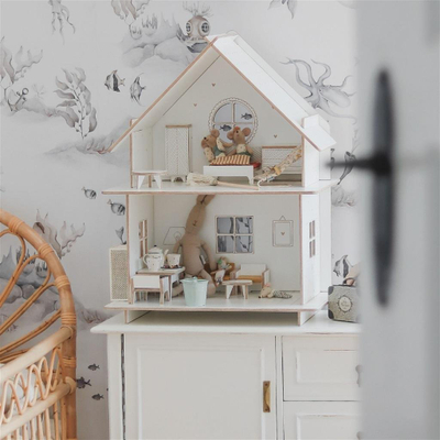 Shpi kukullash Maja Milin Wooden Dollhouse Villa, prej druri, modulare, ngjyrë natyrale