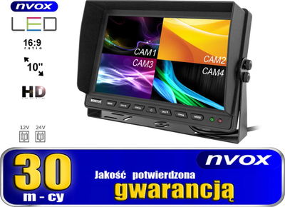 Monitor makine Nvox 10", për 4 kamera 4PIN, 12V‑24V, ngjyrë e zezë