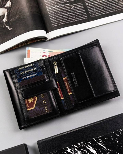 Portofol për meshkuj Peterson, lëkurë natyrale, RFID, i zi