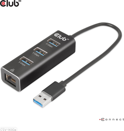 Splitter USB Club 3D CSV-1430a, USB-A 3.2 Gen1 n’ 3 porta USB 3.1, Gigabit Ethernet, i zi