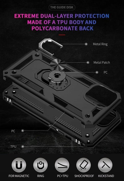 Mbështjellës telefoni Military Armor për iPhone 11 Pro, me unazë metalike, që mbron nga goditjet, ngjyrë e zezë