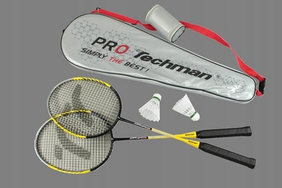 Set badminton Techman T3011S, 2 raketa alumini, 2 topa najloni, i zi e verdhë