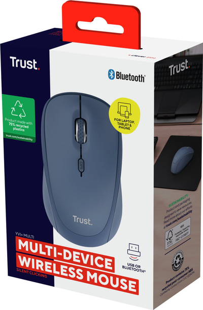 Maus Trust Yvi+, pa kabëll, RF Wireless edhe Bluetooth, 1600 DPI, i zi
