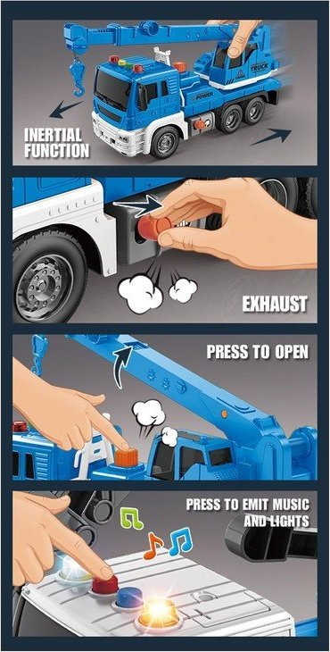 Lodër kamion vinç Jiansheng City Truck, shkallë 1:16, me drita edhe zë, blu