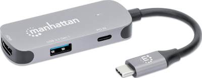 Dock USB C Manhattan 3 në 1, HDMI 4K60, USB A, Power Delivery 100W, gri