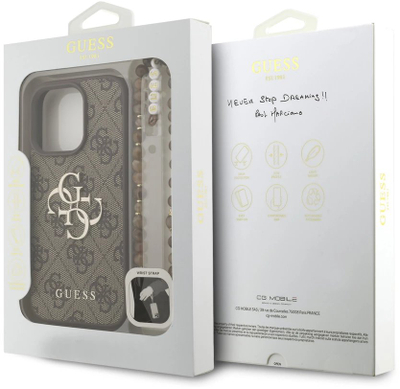 Kapak telefoni Guess 4G Classic Logo Strap për iPhone 16 Pro, dizajn 4G, kafe