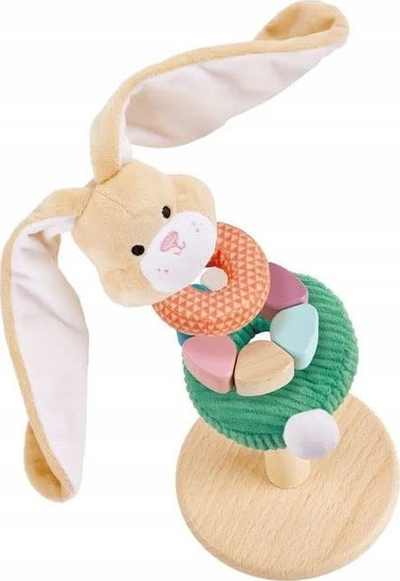 Lodër druri Hape Bunny me unaza shumëngjyrëshe, për bebe, për të mësu e për tu marrë me to