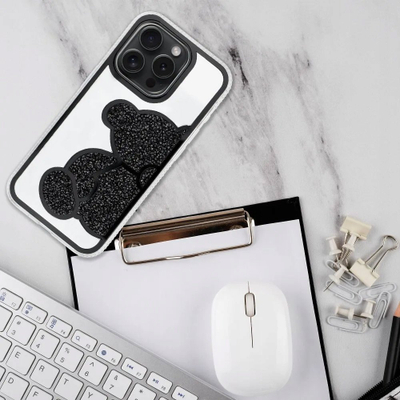 Futera telefoni Teddy Bear për iPhone 16, PU TPU, e zezë