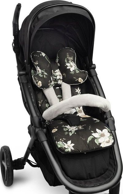 Set mbrojtës për karrocë LUXURY STROLLER LINER, jastëk anti-shok, universal, me lule të zeza