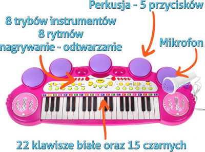 Set muzikor për kalamoj For Children, tastierë elektronike 3 oktava me daulle dhe mikrofon, rozë