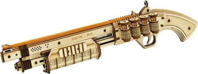 Lodër druri për montim Robotime Wooden Shotgun Pistol, 170 pjesë, mekanizëm me shirita gome, ngjyrë druri