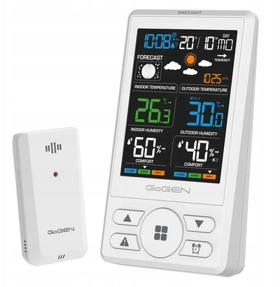 Метеоролошка станица GoGEN ME1250W, екран во боја, безжични сензори, бела