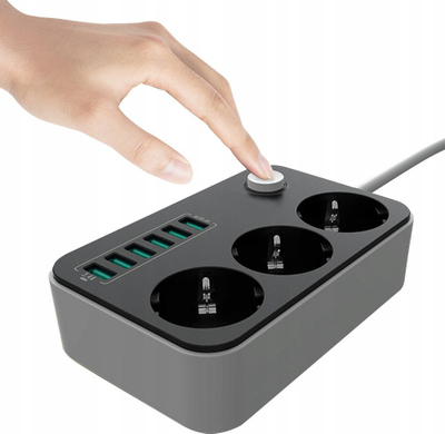 Prizë zgjatëse me 3 dalje dhe 6 porta USB, kabllo 1.8m, 2500W, e bardhë