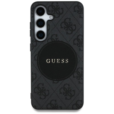 Mbulesë telefoni Guess 4G Round Patch Classic Logo MagSafe, për Samsung Galaxy S25, e zezë