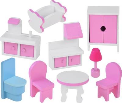 Shtëpi druri për kukulla Ecotoys ZA4130, me mobilie, ndriçim LED, rozë