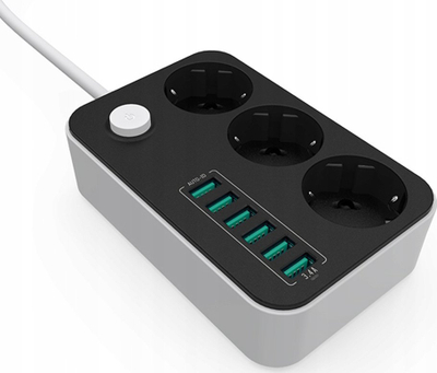 Prizë zgjatëse me 3 dalje dhe 6 porta USB, kabllo 1.8m, 2500W, e bardhë