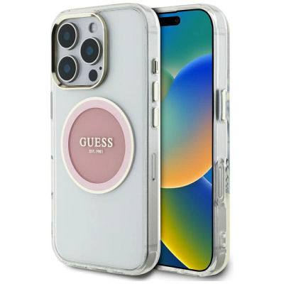 Футрола за телефон Guess IML Metal Colored Circle MagSafe, за iPhone 16 Pro Max, проѕирна, розова