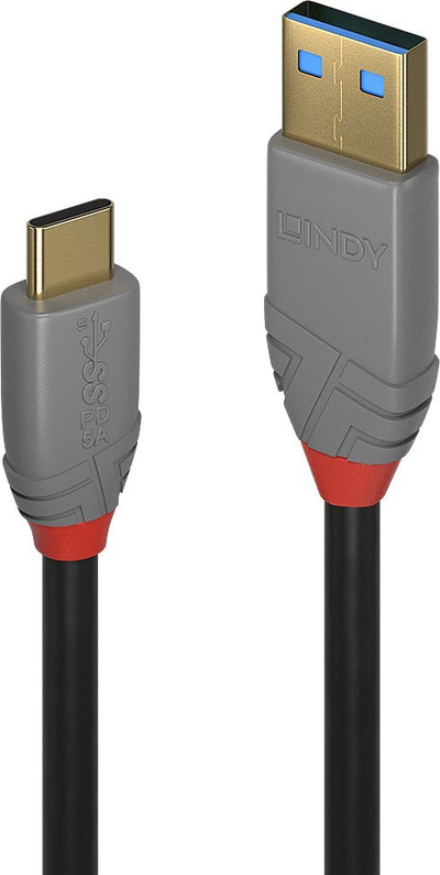 Kabllo USB Lindy Anthra Line, USB 3.2 Type A me Type C, 3m, 100W PD, e zezë