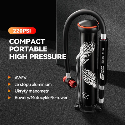 Pompa biçiklete Rockbros Mini, palos, 220 PSI, e zezë