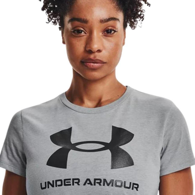 Bluzë sportive për goca Under Armour Live Sportstyle Graphic, me mëngë të shkurtra, masa M, gri e çelët