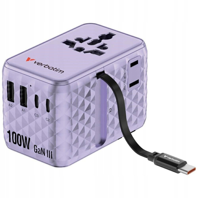 Karikues udhëtimi Verbatim Charge 'n' Travel GaN, 100W, EU/UK/US, vjollcë
