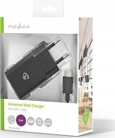 Karikues muri Nedis EU, 12W, 2.4A USB, me kabllo USB C 1m, i zi
