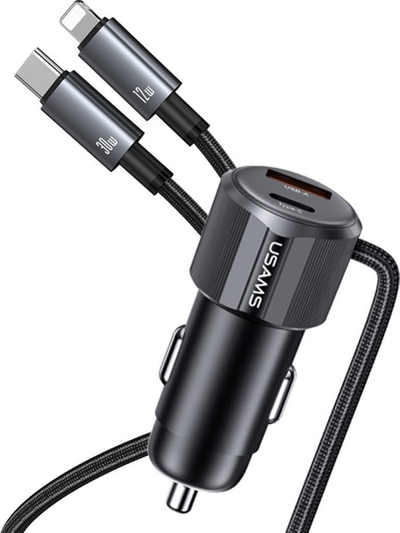 Полнач за автомобил Usams CC287 YT Series, 66W Dual Port USB A+C, со кабел 2 во 1 C+Lightning, црн