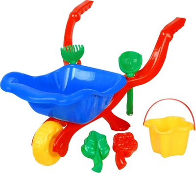Set loje me rërë Baczek Wheelbarrow With Accessories, me karrocë dore me rrotë, me gjëra plazhi, shumëngjyrësh