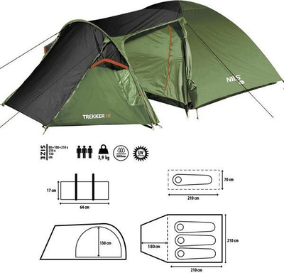 Çadër kampingu Nils Camp Trekker III NC6312, për 3 veta, jeshile