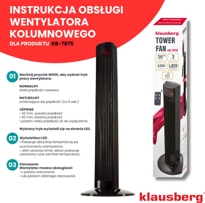 Ventilator kolonë Klausberg KB-7875, 91 cm, 45W, me telekomandë, i zi