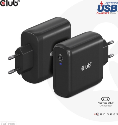 Karikues udhëtimi Club 3D CAC-1908, 100W GaN, USB Type C PD 3.0, i zi