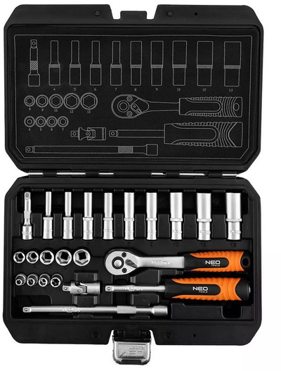 Set çelësa me kokëza NEO Tools 10-231, 1/4", 23 copë, përfundim satine