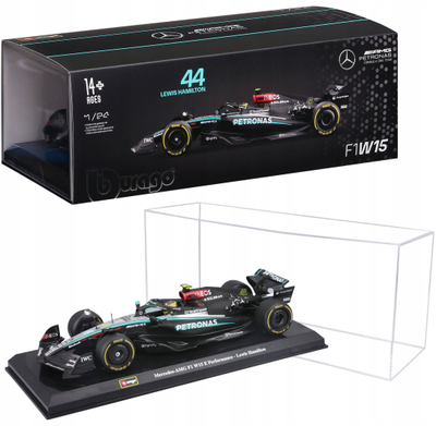 Model makine Bburago Mercedes-AMG W15 2024 Lewis Hamilton, shkalla 1:24, me kapak ekspozimi, e zezë
